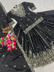Pretty Black Color Heavy Embroidery Work Top With Lehenga