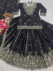 Pretty Black Color Heavy Embroidery Work Top With Lehenga