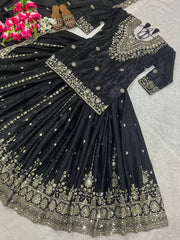 Pretty Black Color Heavy Embroidery Work Top With Lehenga