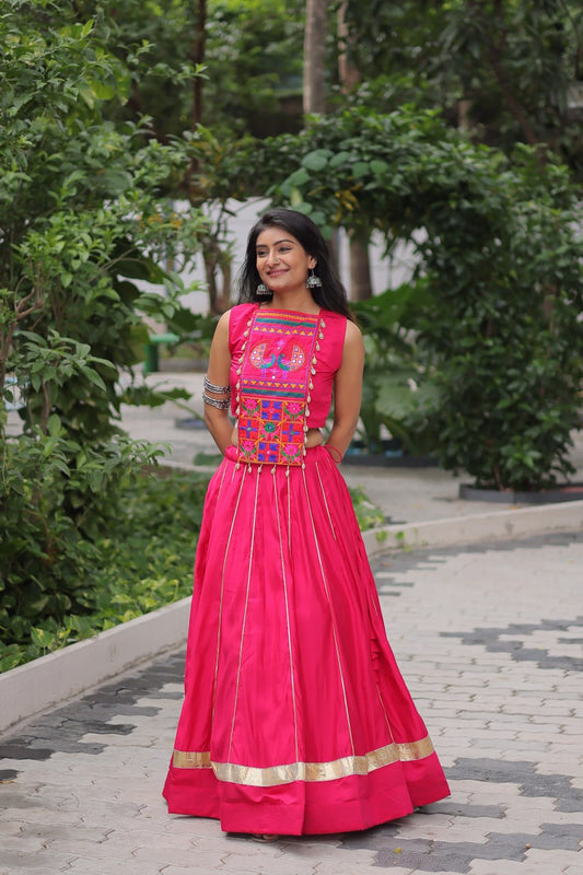 Navratri Wear Pink Kutchi Embroidered Work Lehenga Choli