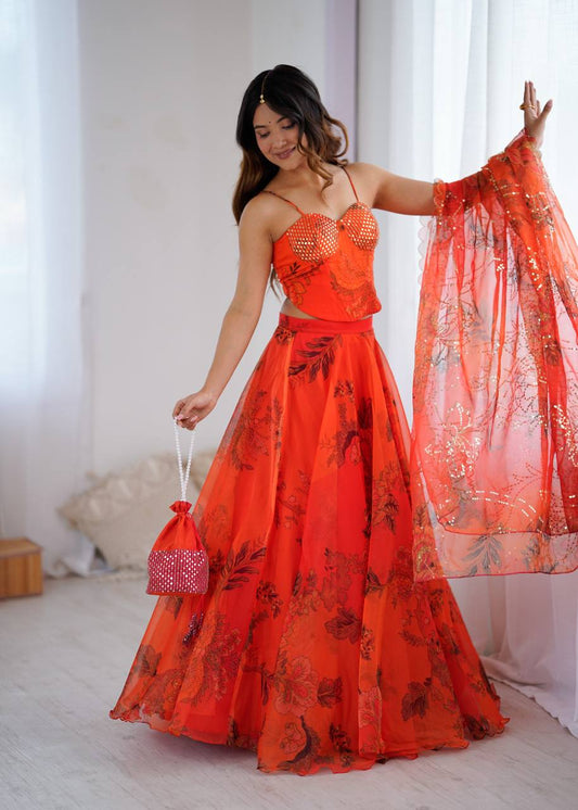 Lovely Orange Color Sequence Work Organza Lehenga Choli