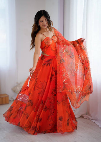Lovely Orange Color Sequence Work Organza Lehenga Choli