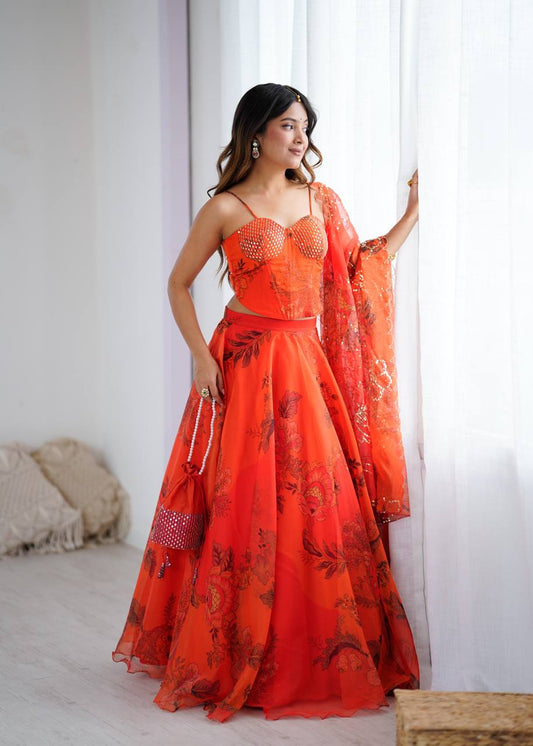 Lovely Orange Color Sequence Work Organza Lehenga Choli