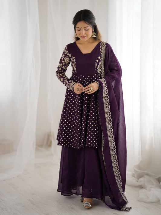 Admiring Purple Color Embroidery Work Sharara Suit