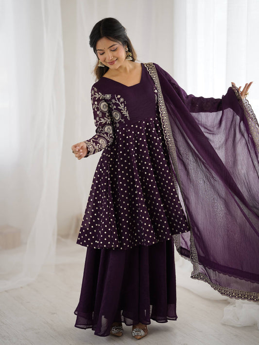Admiring Purple Color Embroidery Work Sharara Suit