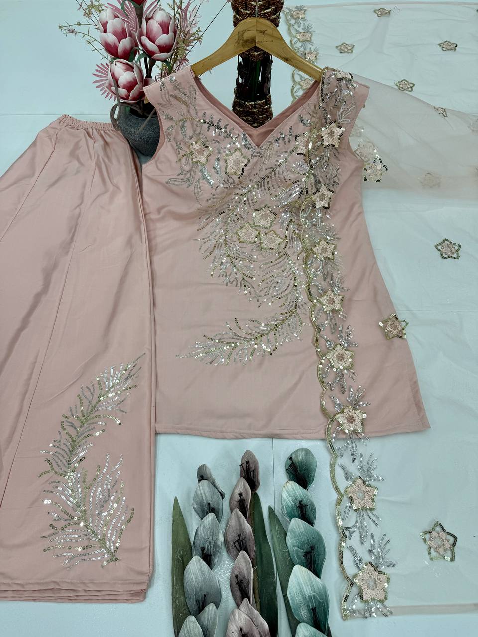 Fabulous Peach Color Sequence Work Palazzo Suit