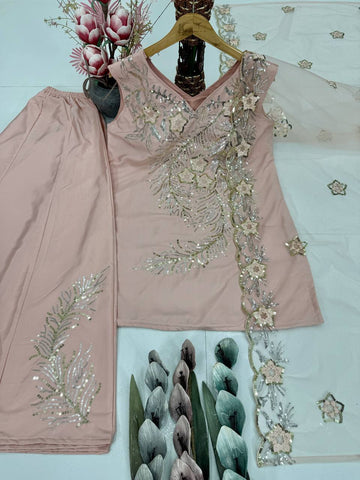 Fabulous Peach Color Sequence Work Palazzo Suit
