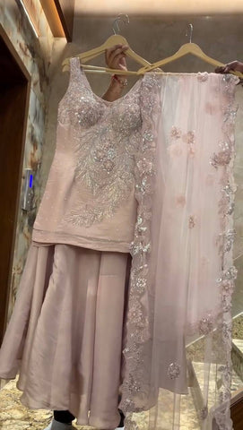 Fabulous Peach Color Sequence Work Palazzo Suit