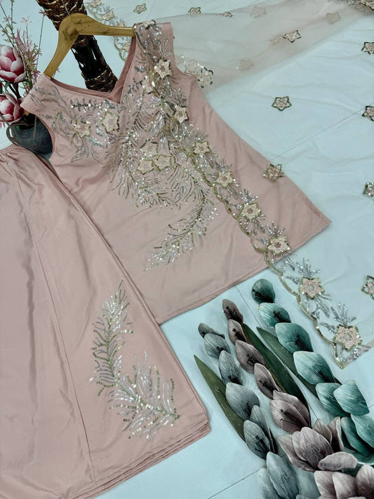 Fabulous Peach Color Sequence Work Palazzo Suit