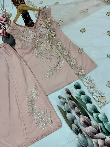 Fabulous Peach Color Sequence Work Palazzo Suit