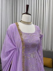 Glorious Lavender Color Georgette Foil Work Gown
