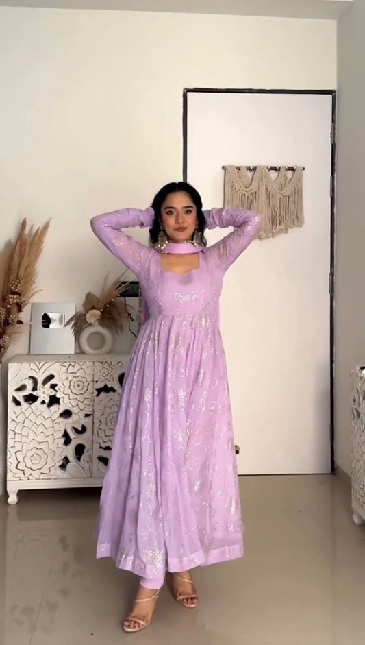 Glorious Lavender Color Georgette Foil Work Gown