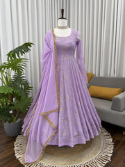 Glorious Lavender Color Georgette Foil Work Gown