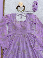 Glorious Lavender Color Georgette Foil Work Gown