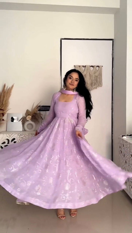 Glorious Lavender Color Georgette Foil Work Gown