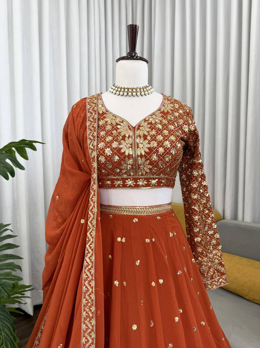 Stylish Orange Color Georgette Thread Work Lehenga Choli