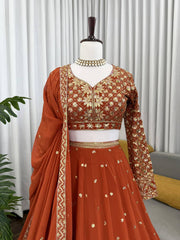 Stylish Orange Color Georgette Thread Work Lehenga Choli