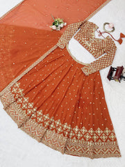 Stylish Orange Color Georgette Thread Work Lehenga Choli