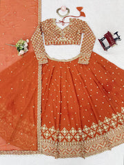 Stylish Orange Color Georgette Thread Work Lehenga Choli