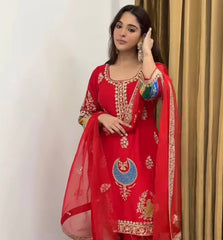 Attractive Red Color Sequence Work Palazzo Suit