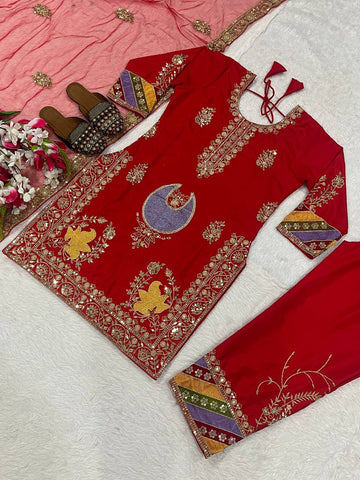 Attractive Red Color Sequence Work Palazzo Suit