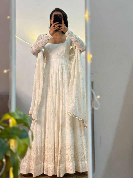 Lovely White Color Georgette Sequence Work Anarkali Suit