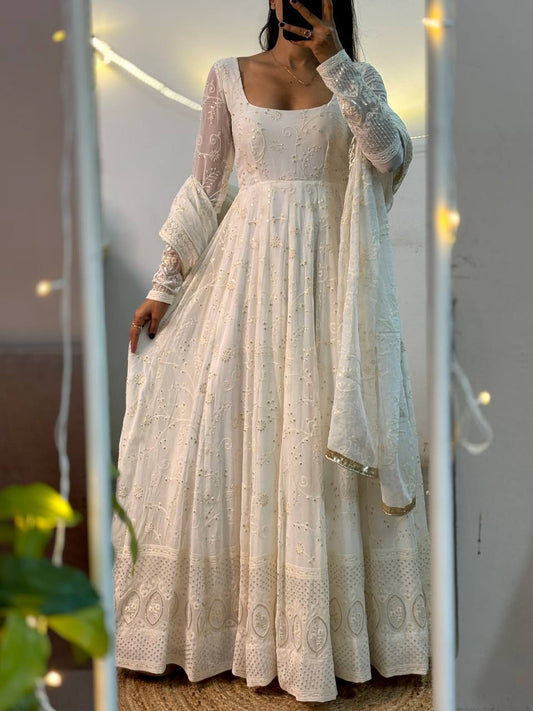 Lovely White Color Georgette Sequence Work Anarkali Suit