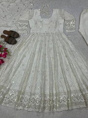 Lovely White Color Georgette Sequence Work Anarkali Suit