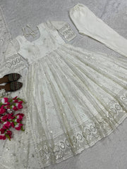Lovely White Color Georgette Sequence Work Anarkali Suit