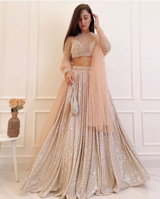 Wedding Collection Beige Color Sequence Work Lehenga Set