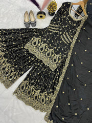 Lovely Black Color Heavy Embroidery Work Sharara Suit