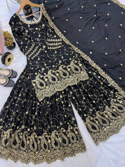 Lovely Black Color Heavy Embroidery Work Sharara Suit