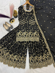 Lovely Black Color Heavy Embroidery Work Sharara Suit