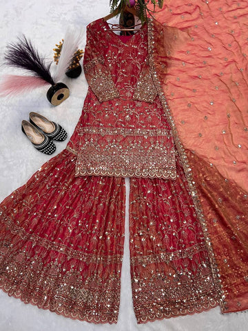 Ravishing Red Color Sequence Work Sharara Suit