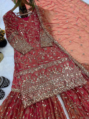 Ravishing Red Color Sequence Work Sharara Suit
