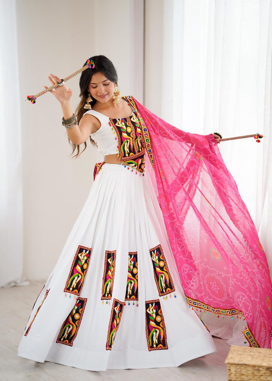 White Color Gamthi Work Lehenga Choli For Navratri Festival