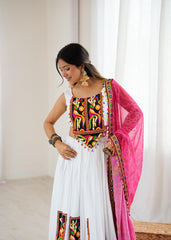 White Color Gamthi Work Lehenga Choli For Navratri Festival