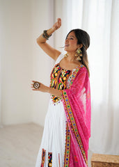 White Color Gamthi Work Lehenga Choli For Navratri Festival