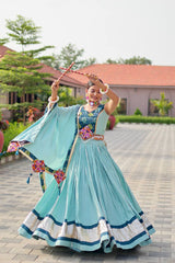 Garba Special Sky Blue Color Cotton Gamthi Work Lehenga Choli