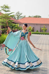 Garba Special Sky Blue Color Cotton Gamthi Work Lehenga Choli