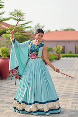 Garba Special Sky Blue Color Cotton Gamthi Work Lehenga Choli