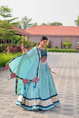 Garba Special Sky Blue Color Cotton Gamthi Work Lehenga Choli