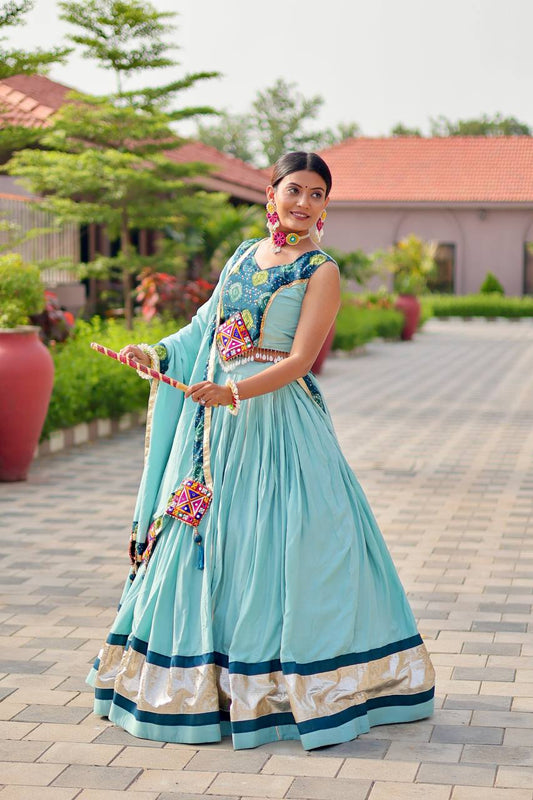 Garba Special Sky Blue Color Cotton Gamthi Work Lehenga Choli