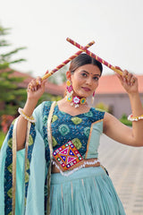 Garba Special Sky Blue Color Cotton Gamthi Work Lehenga Choli