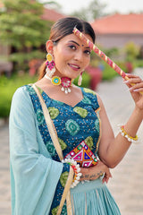 Garba Special Sky Blue Color Cotton Gamthi Work Lehenga Choli