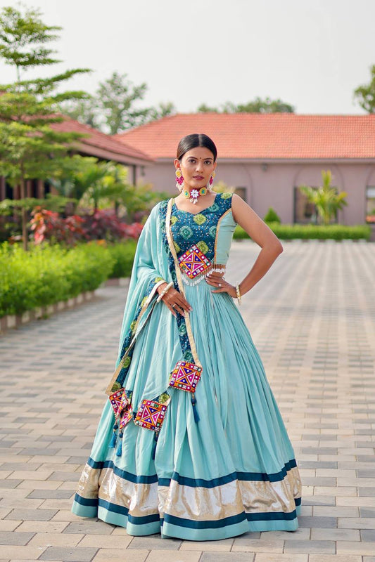 Garba Special Sky Blue Color Cotton Gamthi Work Lehenga Choli