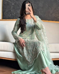 Ravishing Beige Color Net Embroidery Work Palazzo Suit