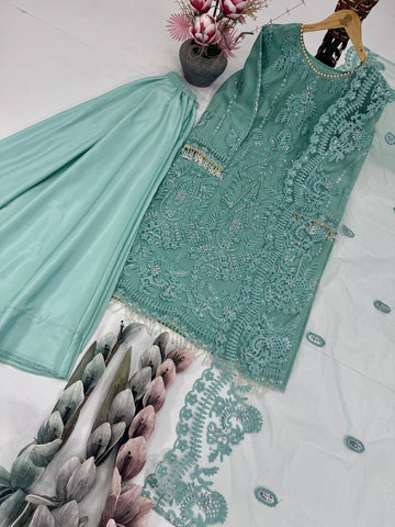 Ravishing Beige Color Net Embroidery Work Palazzo Suit