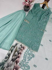 Ravishing Beige Color Net Embroidery Work Palazzo Suit