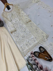 Ravishing Beige Color Net Embroidery Work Palazzo Suit